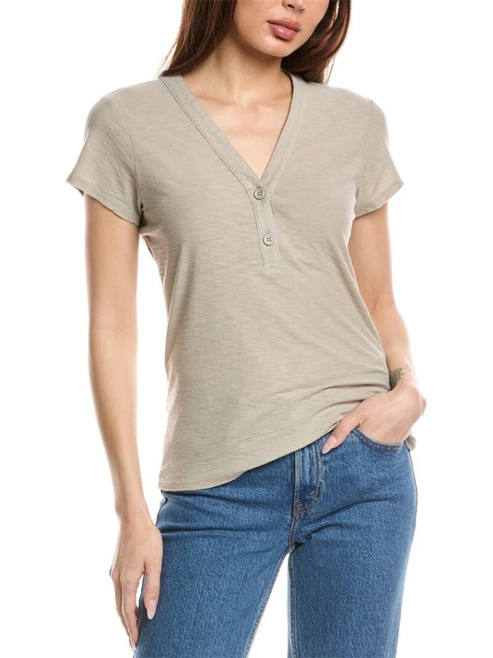 James Perse henley top shirt blouse button tan gray greige knit stretch new 2 M